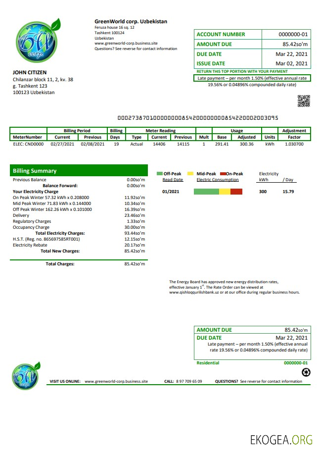 Uzbekistan GreenWorld utility bill template in Word and PDF (.doc and .pdf) format, fully editable